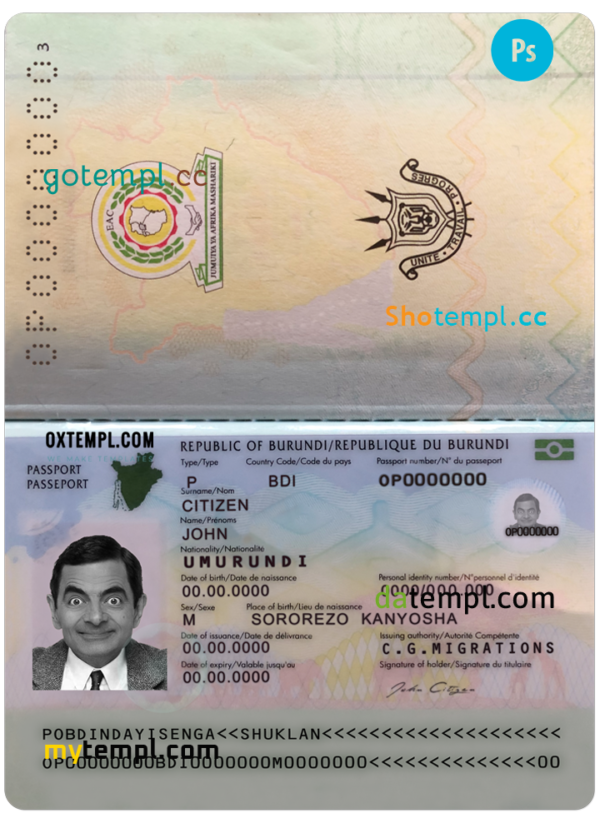 Burundi passport PSD template, completely editable (2019 – present)