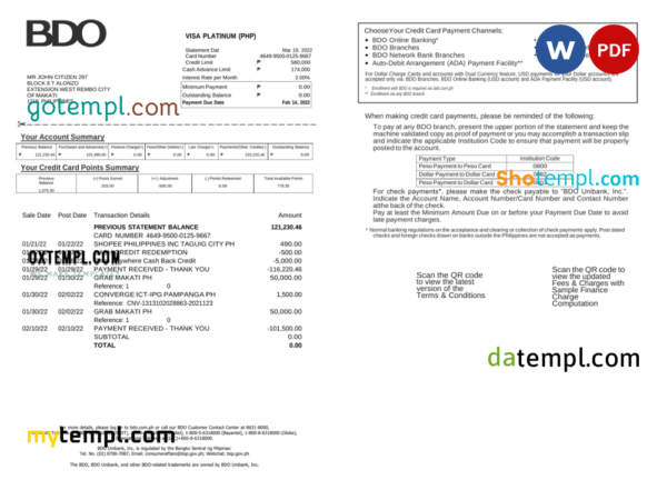 Philippines BDO bank credit card statement, Word and PDF template, 2 pages