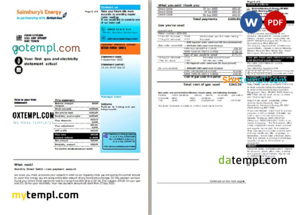 United Kingdom Sainsbury's Energy (British Gas) bill, Word and PDF template, 3 pages