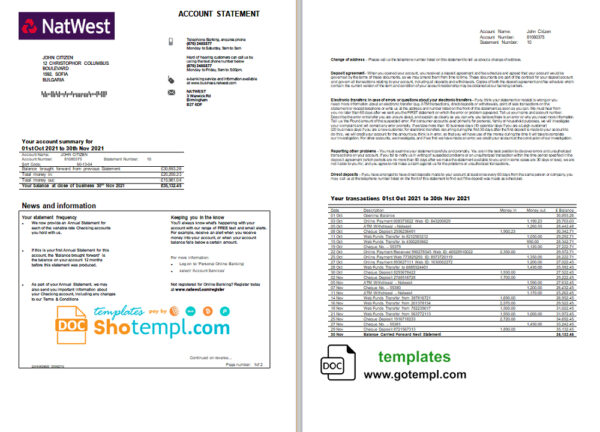 UK NatWest bank statement, Word and PDF template, 2 pages, version 2