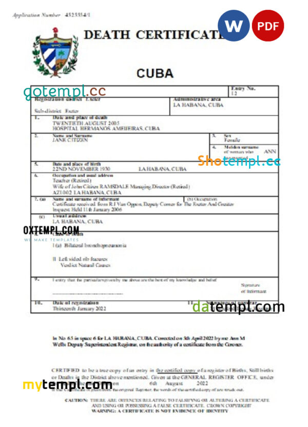 Cuba death certificate Word and PDF template, completely editable