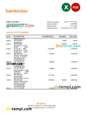 Spain Bankinter bank statement, Excel and PDF template