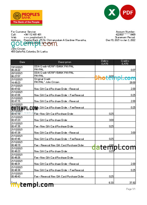 Sri Lanka People's Bank statement, Excel and PDF template