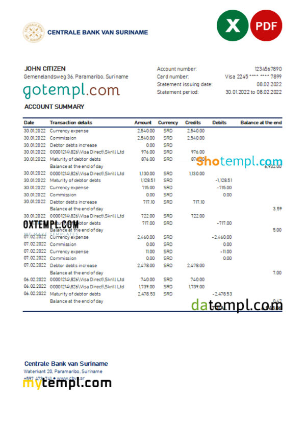 Suriname Centrale Bank Van Suriname bank statement, Excel and PDF template