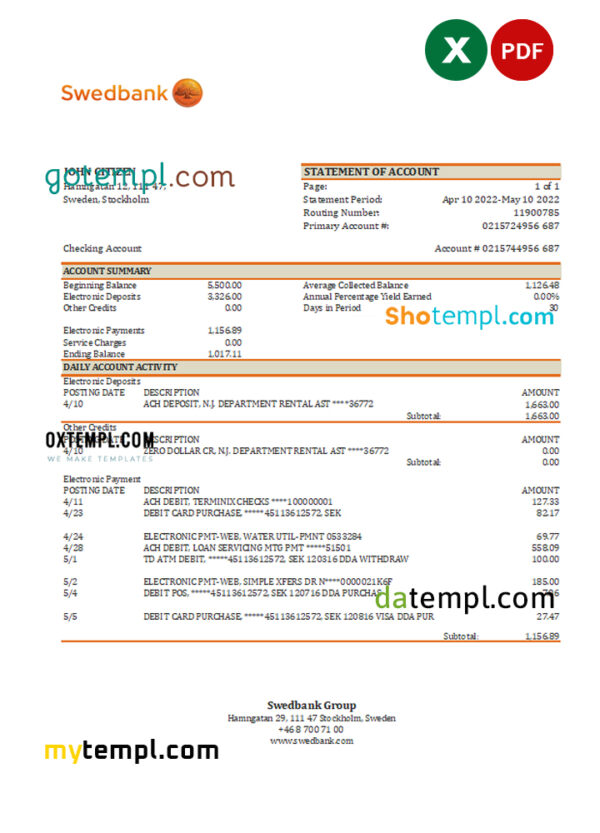 Sweden Swedbank bank statement, Excel and PDF template