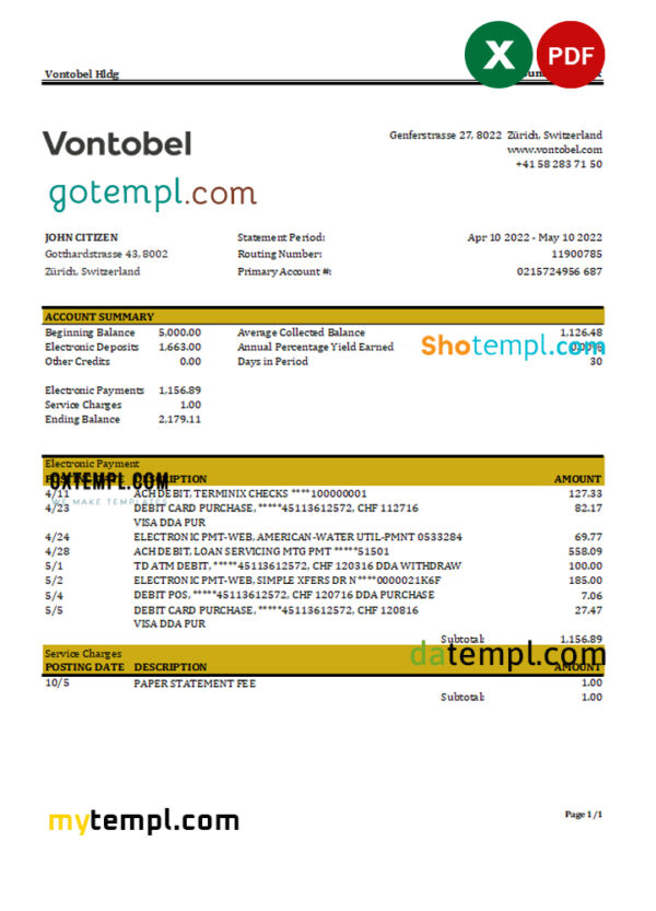 Switzerland Vontobel bank statement, Excel and PDF template
