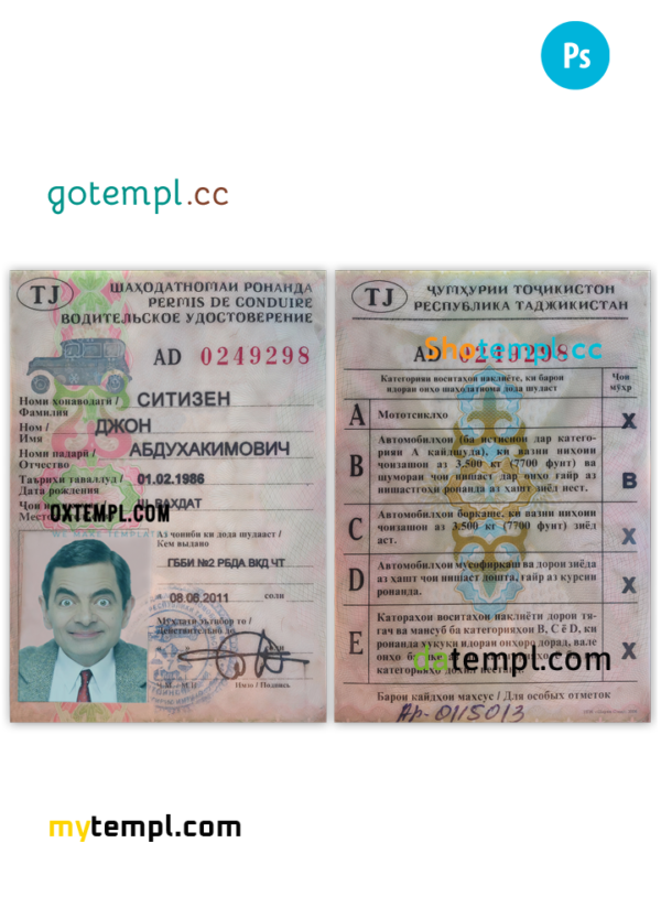 TAJIKISTAN driving license PSD template, fully editable
