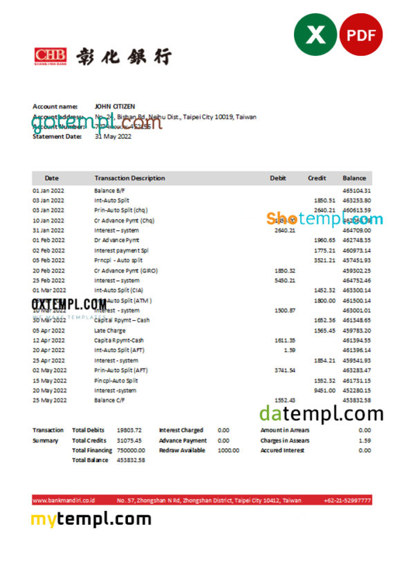 Taiwan Chang Hwa Bank statement, Excel and PDF template