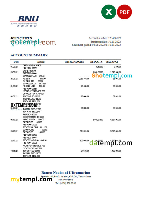 Timor-Leste BNU bank statement, Excel and PDF template