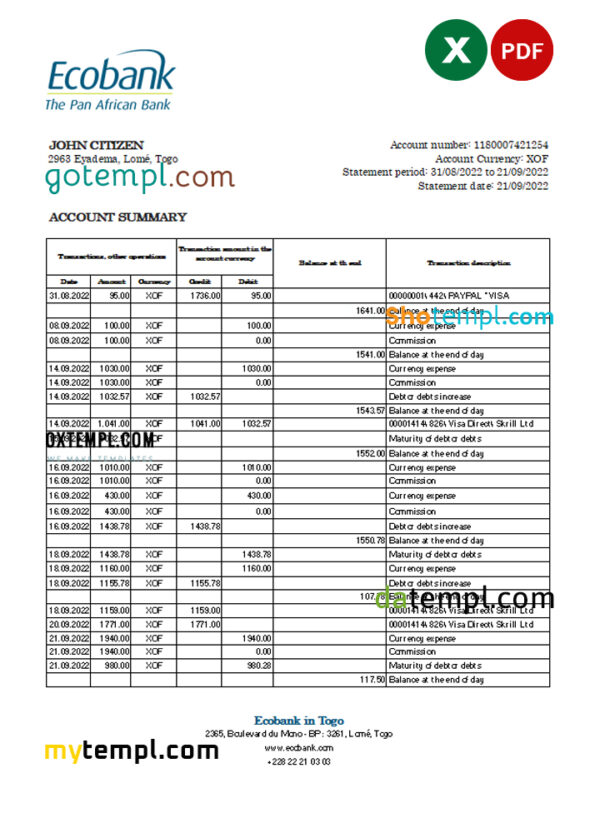Togo Ecobank bank statement, Excel and PDF template