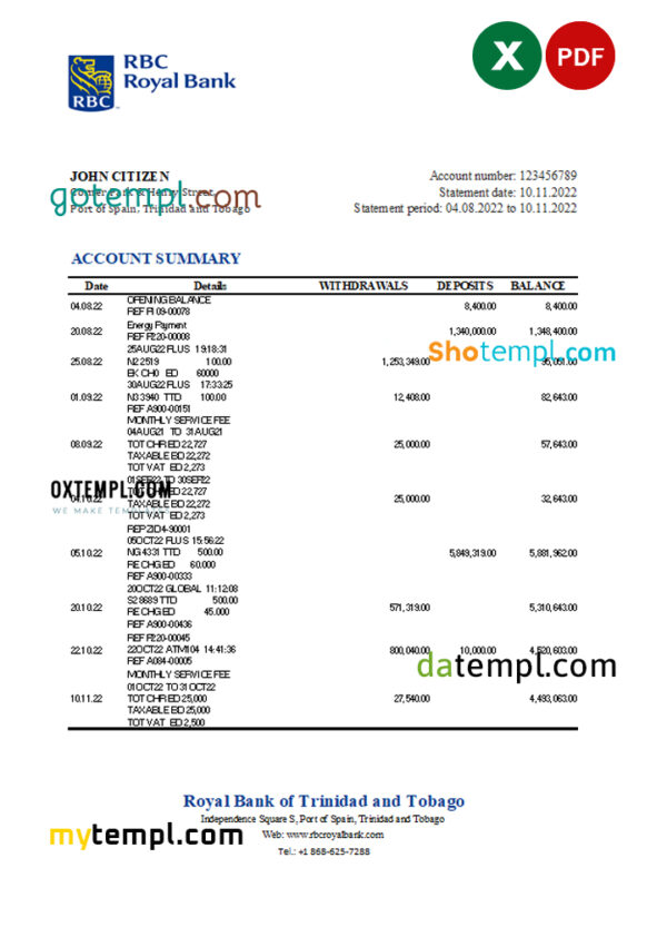 Trinidad and Tobago Royal bank statement, Excel and PDF template