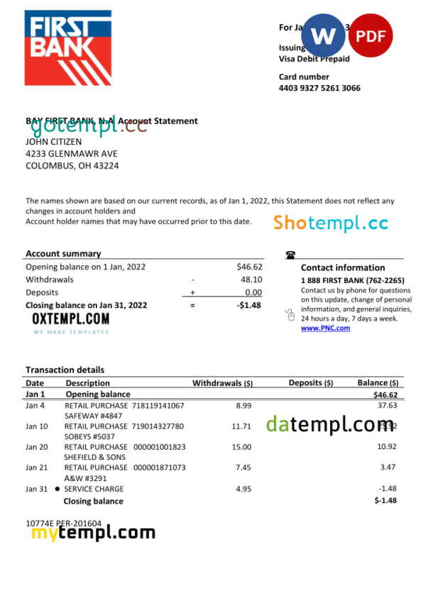 USA Bay First bank statement, Word and PDF template, 2 pages, version 2