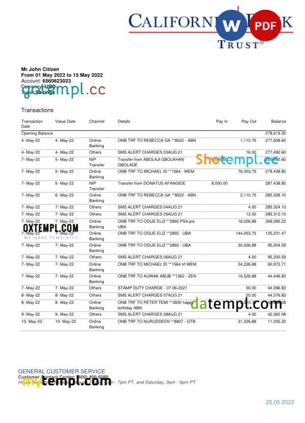 USA California Bank Trust bank statement, Word and PDF template