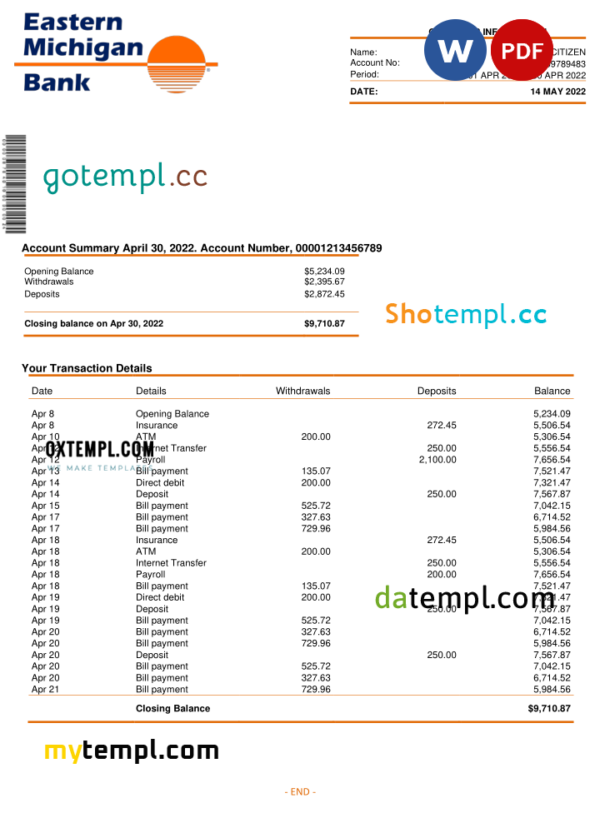 USA Eastern Michigan bank account statement Word and PDF template