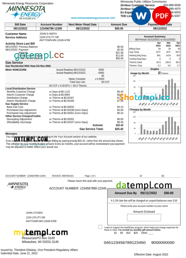 USA Minnesota Energy utility bill, Word and PDF template, 2 pages