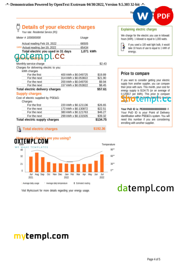 USA New York PSEG utility bill, Word and PDF template, 5 pages