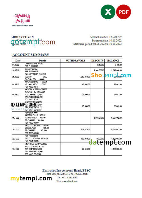 UAE Emirates Investment Bank statement, Excel and PDF template