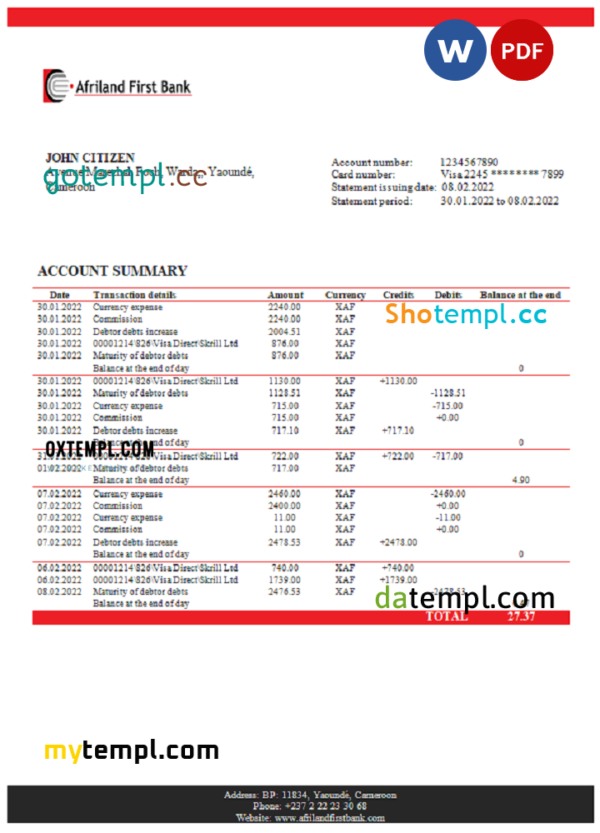 Cameroon Afriland First bank statement Word and PDF template