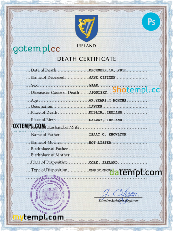 # arms vision vital record death certificate universal PSD template