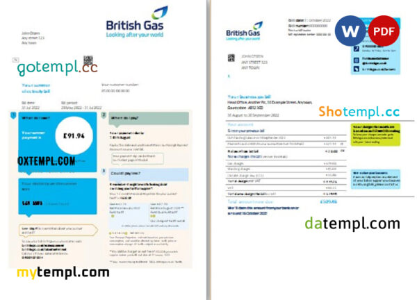 United Kingdom British Gas bill, Word and PDF template, 2 pages