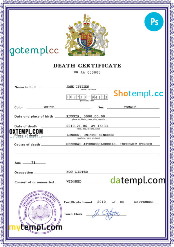 # certificate expert vital record death certificate universal PSD template