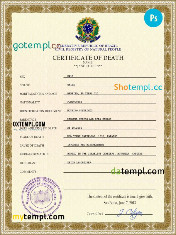 # coat super vital record death certificate universal PSD template
