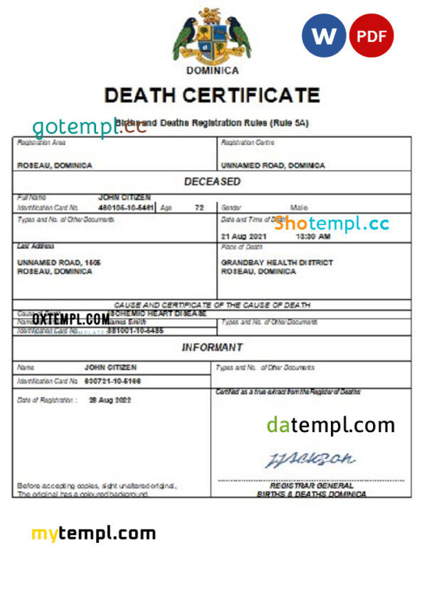 Dominica vital record death certificate Word and PDF template