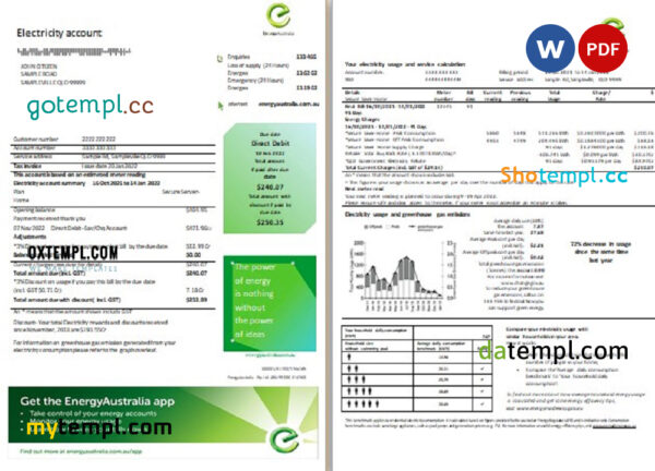 Australia Energy Australia electricity utility bill template in Word and PDF format, 3 pages