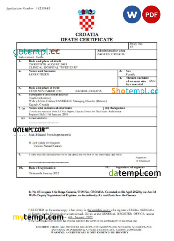 Croatia vital record death certificate Word and PDF template