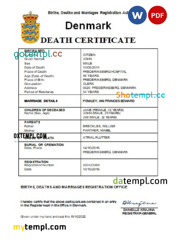 Denmark vital record death certificate Word and PDF template