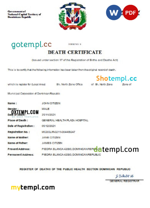 Dominican Republic death certificate Word and PDF template, completely editable