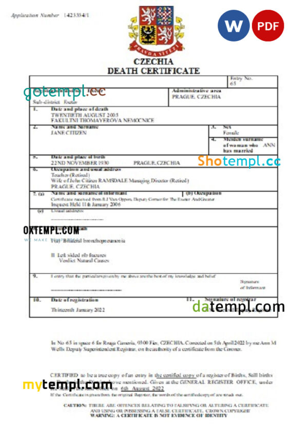 Czechia death certificate Word and PDF template, completely editable