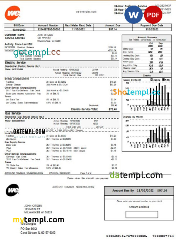USA Wisconsin We Energies electricity utility bill template in Word and PDF format