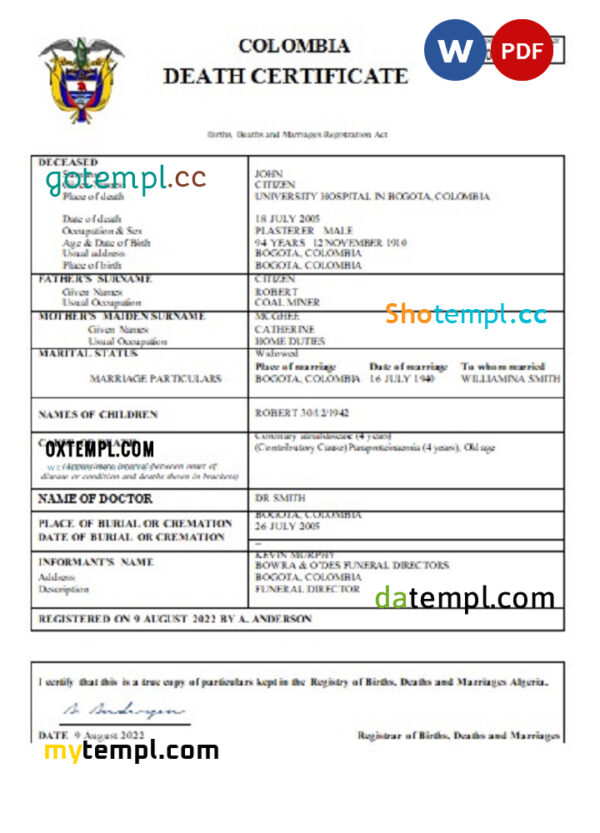 Colombia death certificate Word and PDF template, completely editable