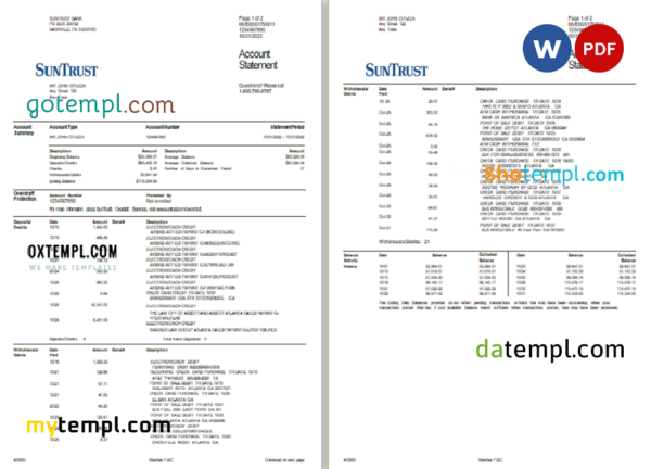 USA SunTrust bank statement, Word and PDF template, 2 pages