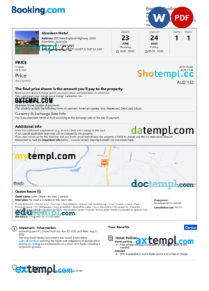 Belgium hotel booking confirmation Word and PDF template, 2 pages