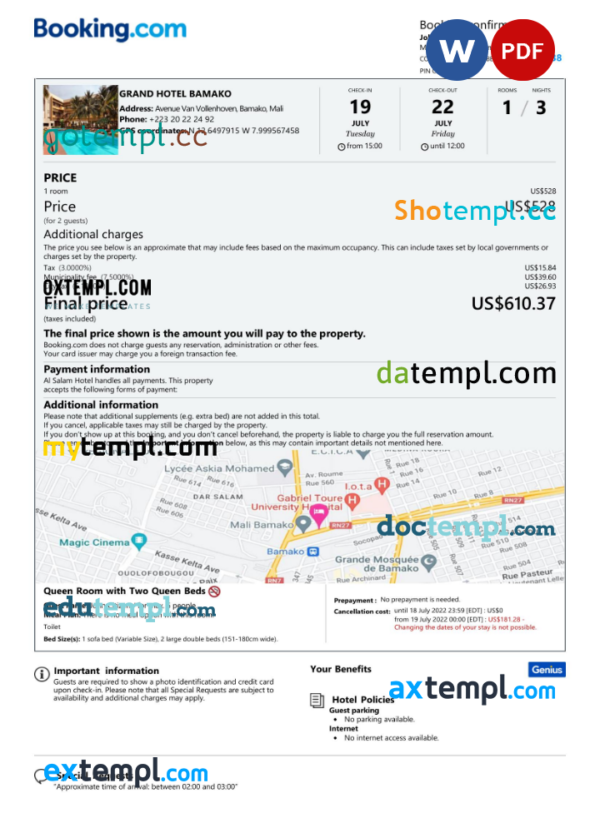 Mali hotel booking confirmation Word and PDF template, 2 pages