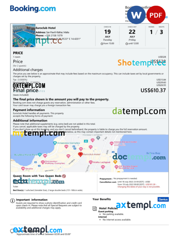 Malta hotel booking confirmation Word and PDF template, 2 pages