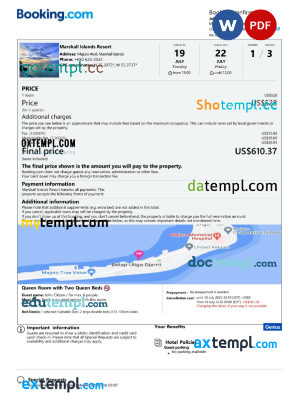 Marshall Islands hotel booking confirmation Word and PDF template, 2 pages