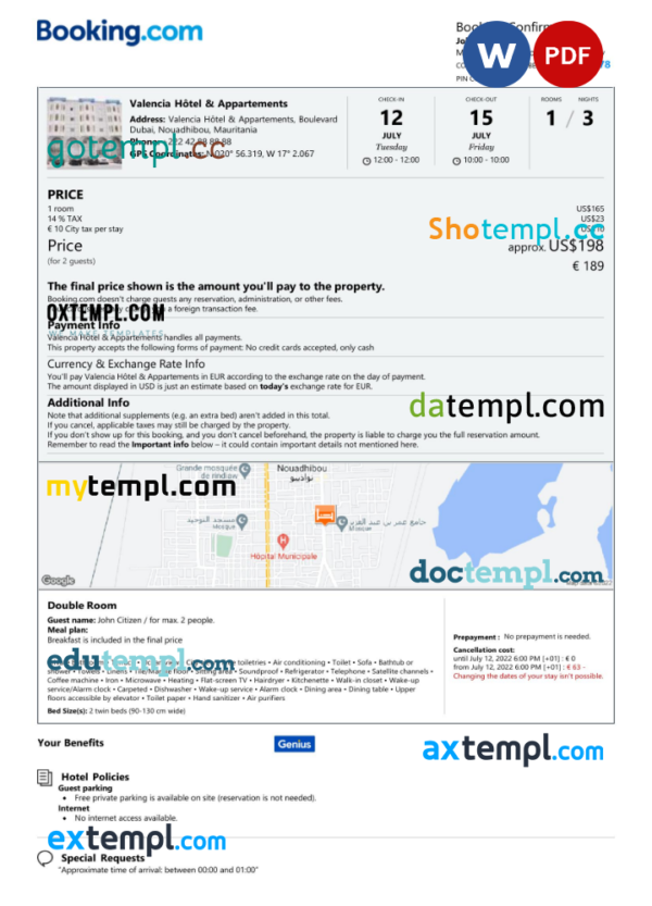 Mauritania hotel booking confirmation Word and PDF template, 2 pages