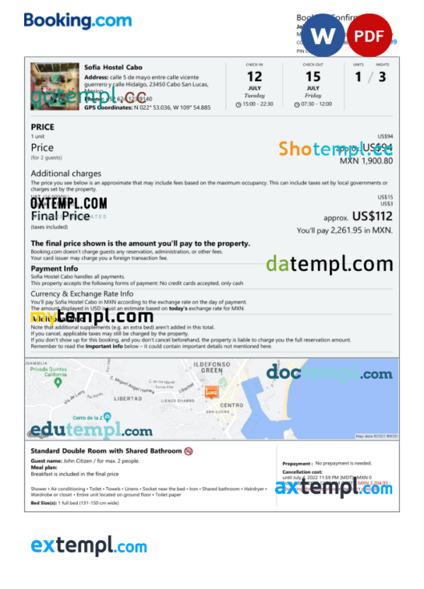 Mexico hotel booking confirmation Word and PDF template, 2 pages