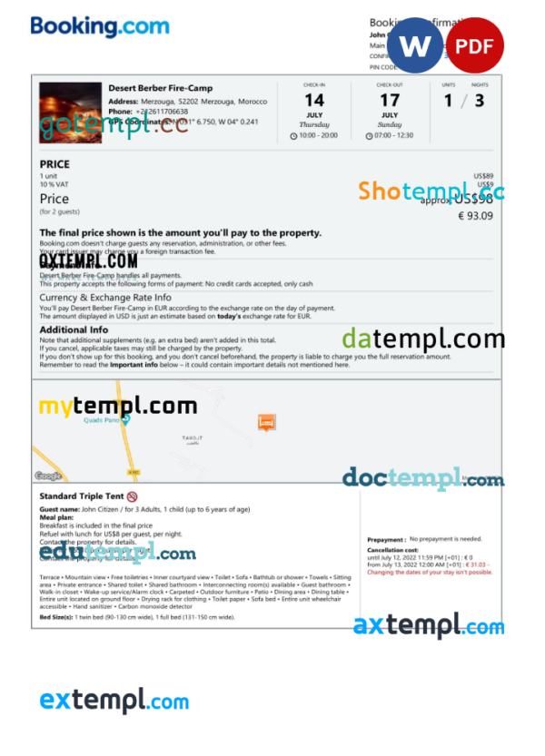 Morocco hotel booking confirmation Word and PDF template, 2 pages