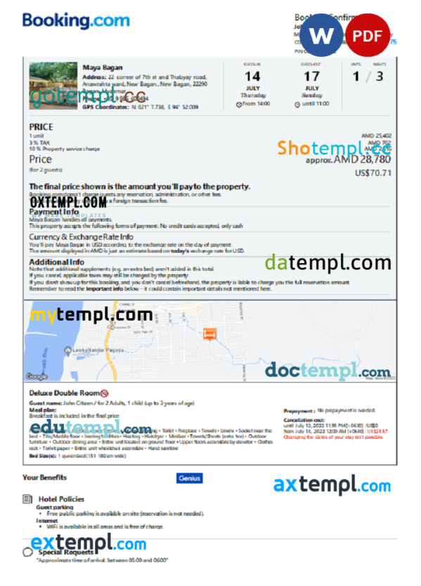 Myanmar hotel booking confirmation Word and PDF template, 2 pages
