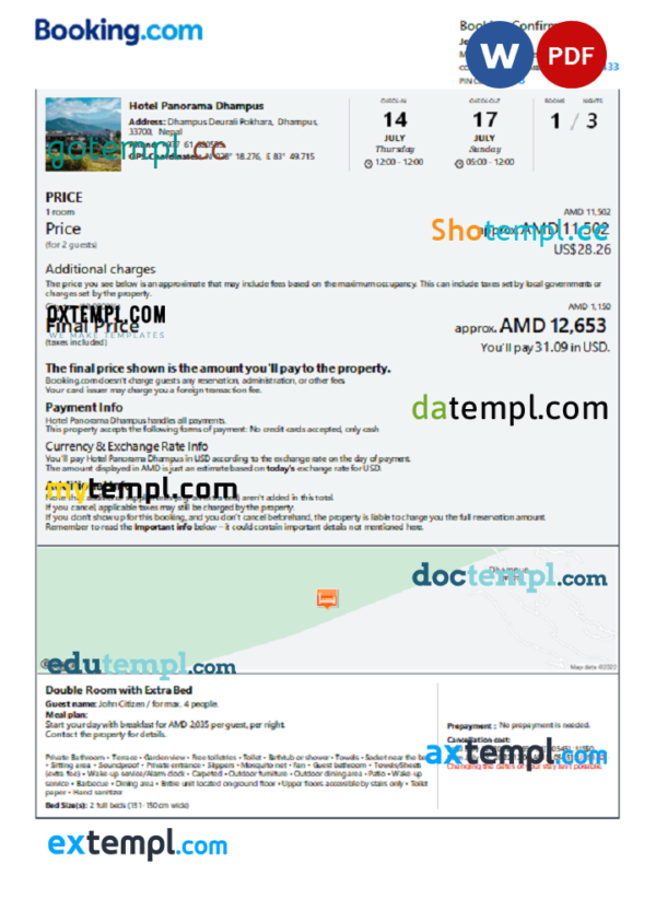 Nepal hotel booking confirmation Word and PDF template, 2 pages