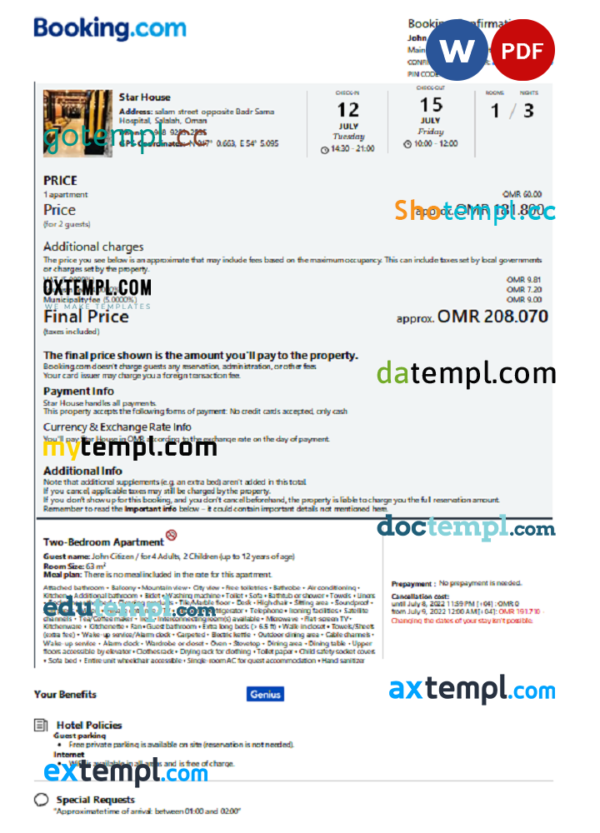 Oman hotel booking confirmation Word and PDF template, 2 pages