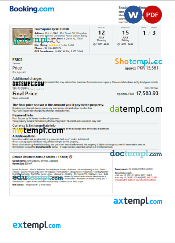 Pakistan hotel booking confirmation Word and PDF template, 2 pages
