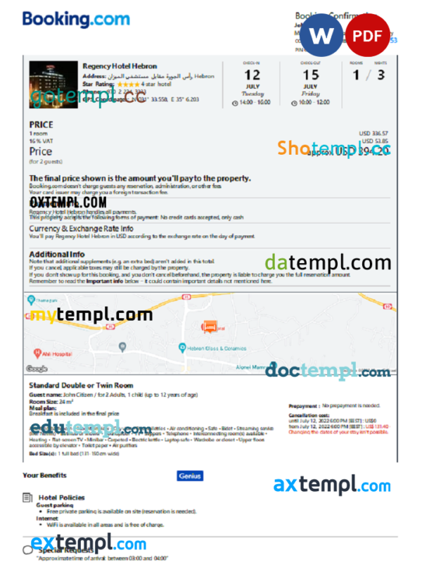 Palestine hotel booking confirmation Word and PDF template, 2 pages