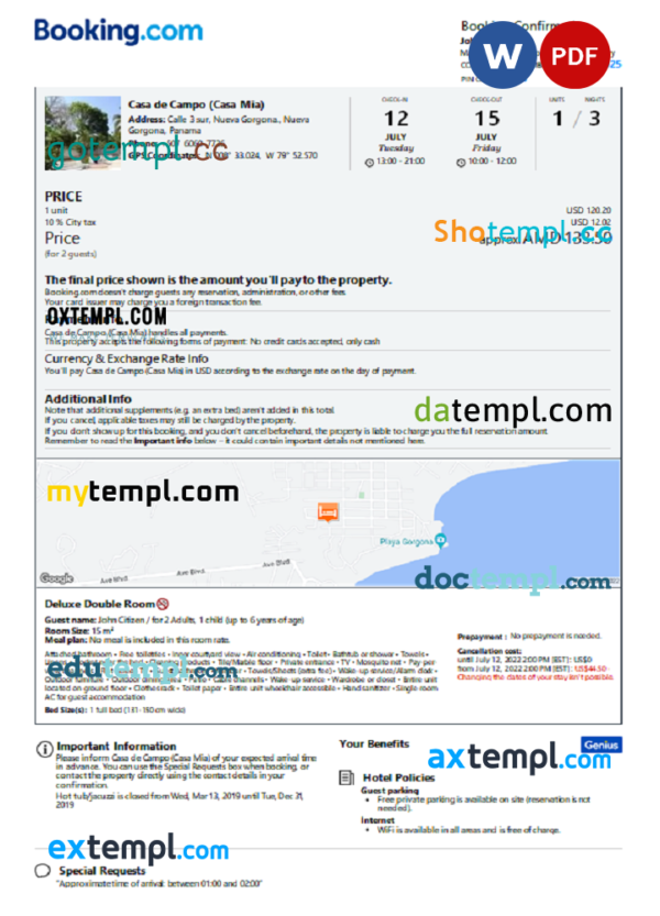 Panama hotel booking confirmation Word and PDF template, 2 pages