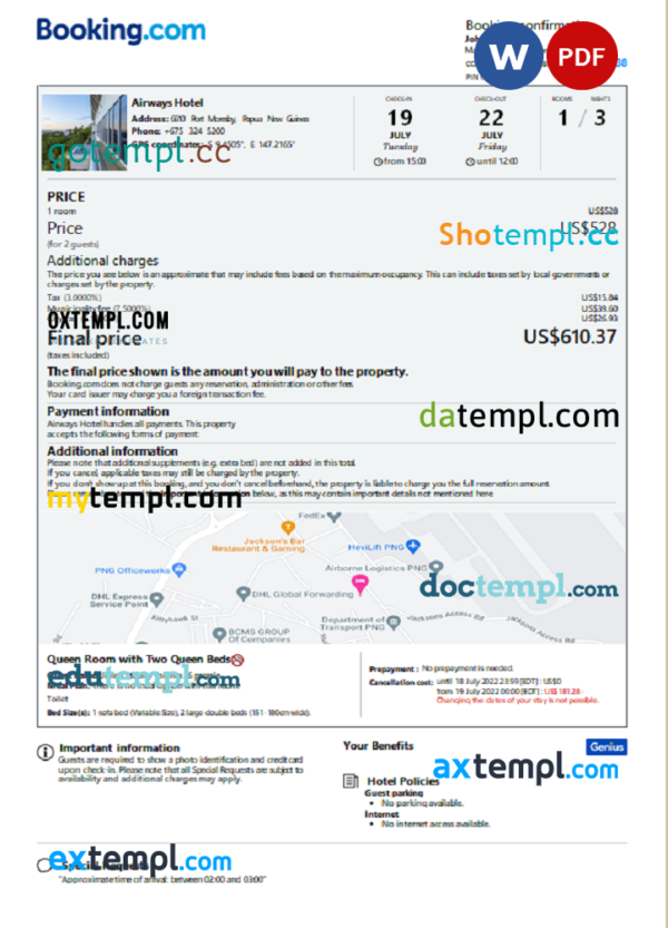 Papua New Guinea  hotel booking confirmation Word and PDF template, 2 pages