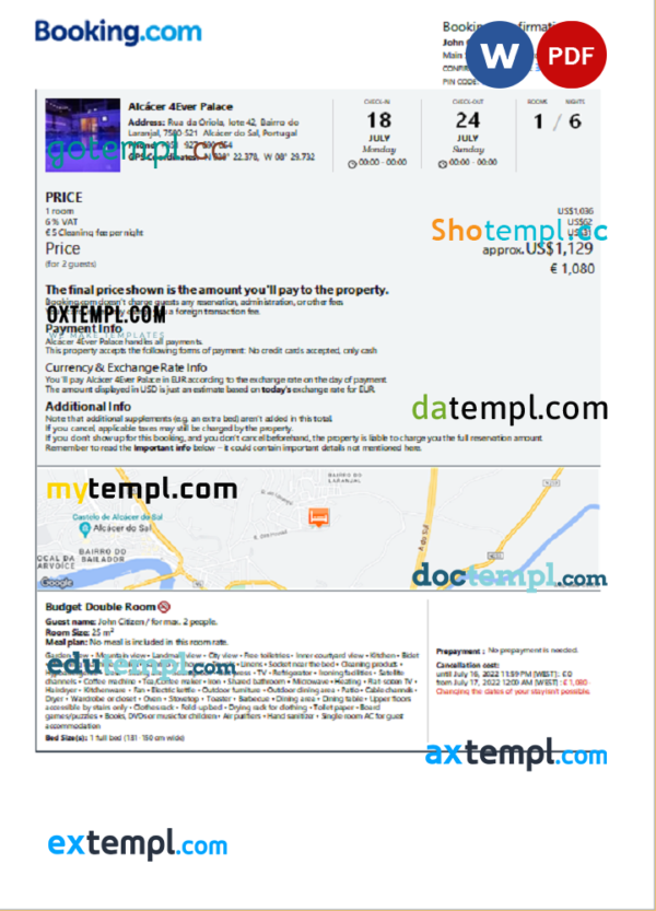 Portugal hotel booking confirmation Word and PDF template, 2 pages